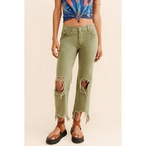 Free People Denim - Free People Maggie Mid-Rise Straight-Leg Ankle Jeans Washed Moss Sage Green 27